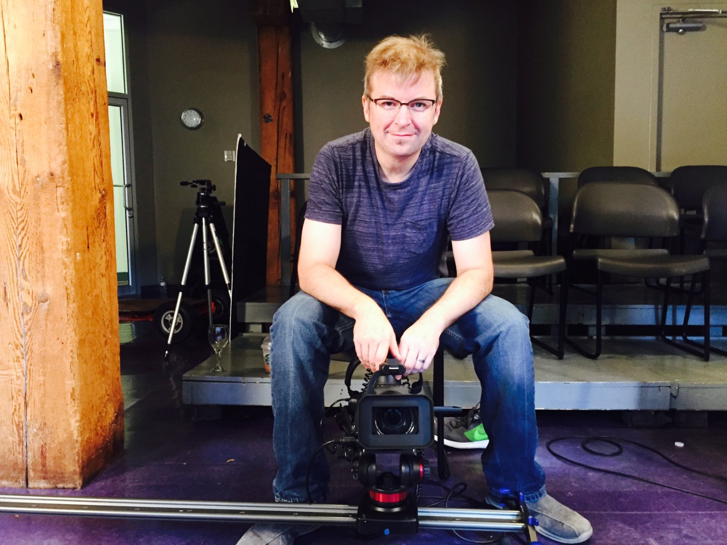 David Tarleton on a camera slider on a Dorkumentary set
