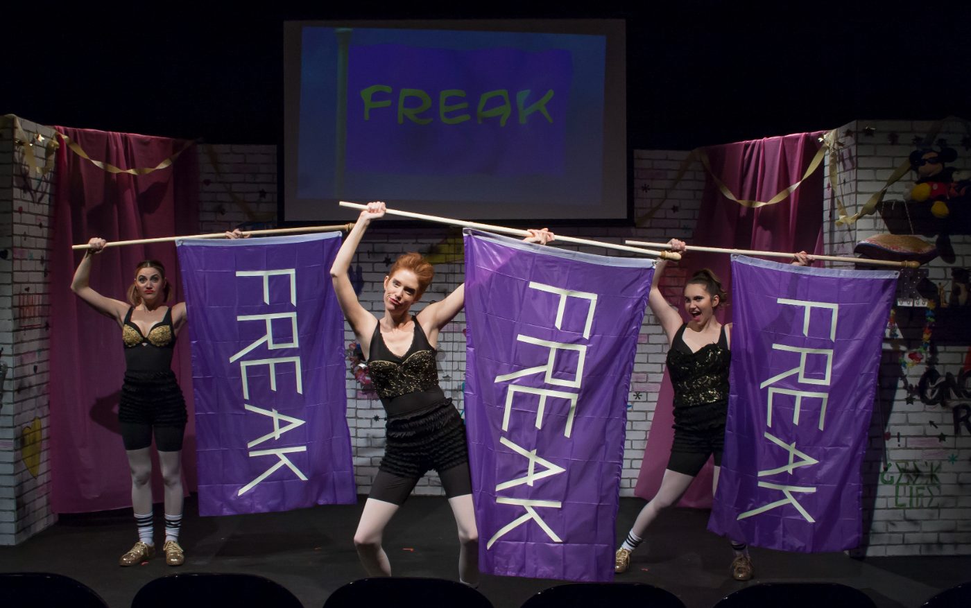 The cast of Dorkumentary Live! with FREAK banners
