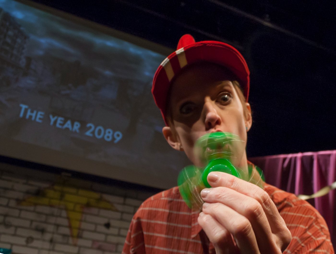 Adria Dawn with a fidget spinner in Dorkumentary Live!
